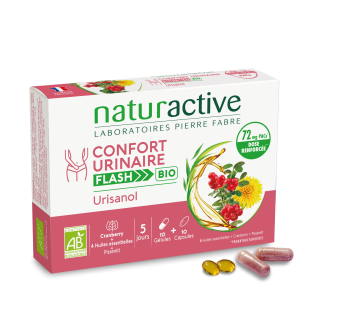 Produit URISANOLl Flash à base de Cranberry et d'huiles essentielles proposé par le laboratoire Naturactive