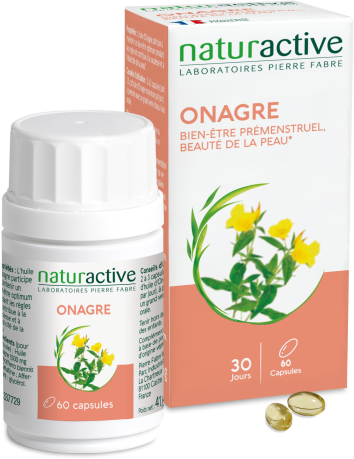 Produit Huile d’Onagre en capsules, à utiliser pour mieux gérer le syndrome prémenstruel, proposé par le laboratoire Naturactive 